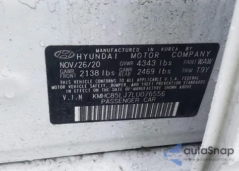 2020 Hyundai Ioniq Electric Limited from USA, damaged, VIN KMHC85LJ7LU076556